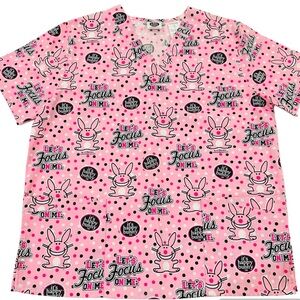 It's Happy Bunny Scrub Top Shirt Women Sz. Large Short Sleeve Pink V-Neck Benton